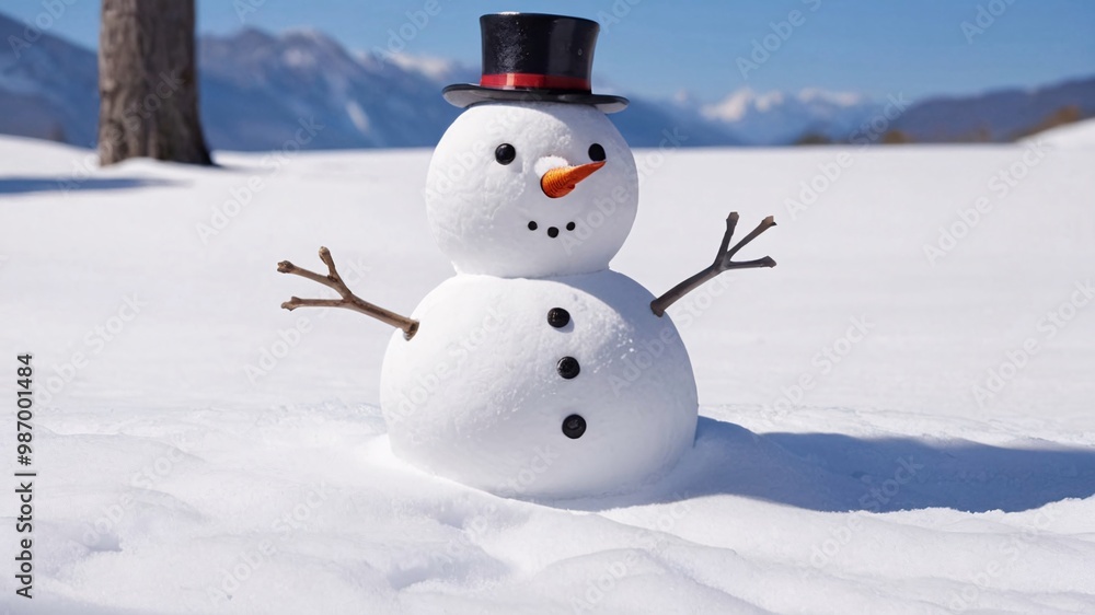 A snowman with a black top hat, a carrot nose, and twig arms stands in snowy landscape. A snowman with a black top hat, a carrot nose, and twig arms stands in snowy landscape.