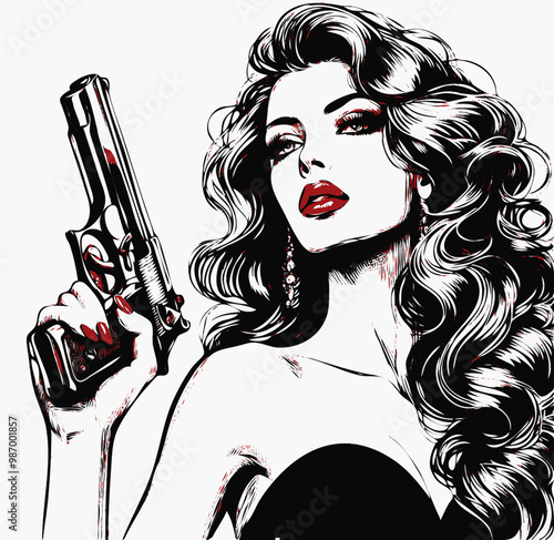 Beautiful woman with a pistol. Black and white drawing, vector.