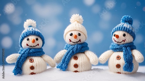 Wallpaper Mural Three knitted snowmen in blue hats and scarves stand in the snow against a blue blurred background. Torontodigital.ca