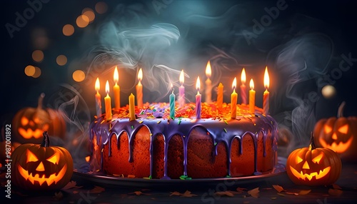 Spooky Halloween-inspired birthday cake with candles and jack-o-lanterns, perfect holiday theme photo