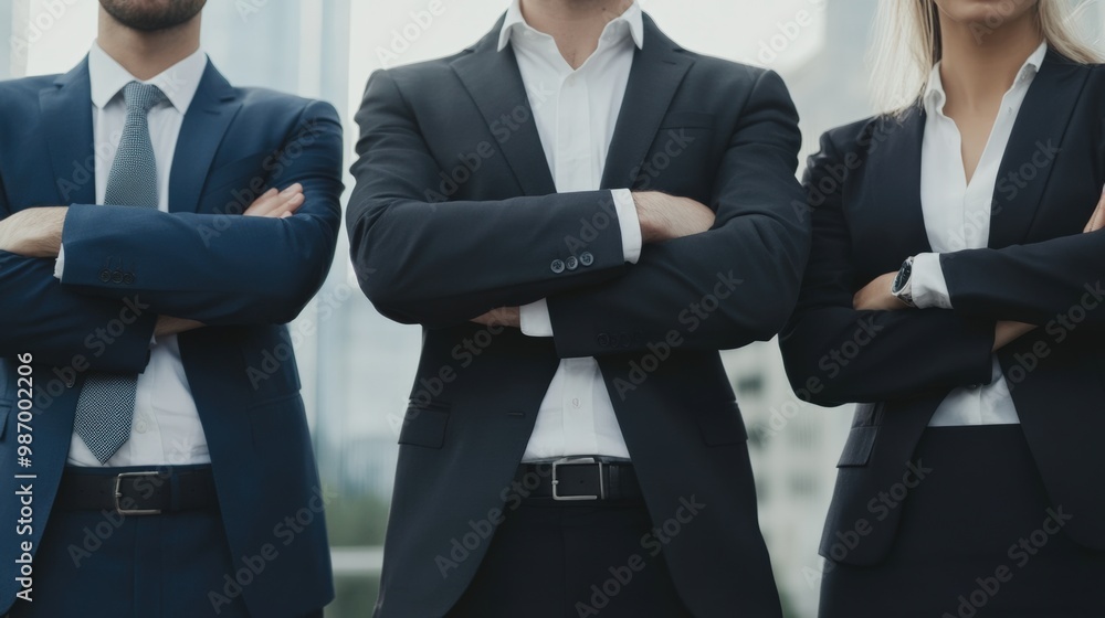 Three professionals in suits stand confidently with their arms crossed, showcasing teamwork and determination in a modern business environment. Three professionals in suits stand confidently with their arms crossed, showcasing teamwork and determination in a modern business environment.