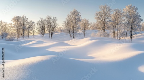 Tranquil Winter Wonderland: Snow-Covered Trees Bathed in Gentle Sunlight