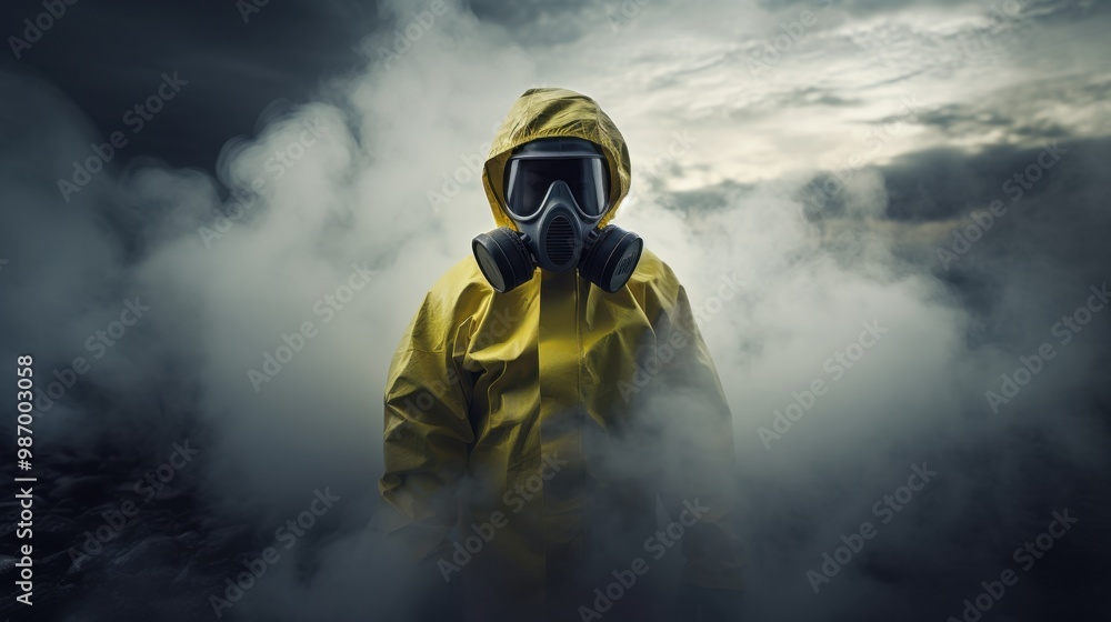 Obraz premium A person dressed in a protective hazmat suit stands in a foggy environment, creating a sense of mystery and caution.