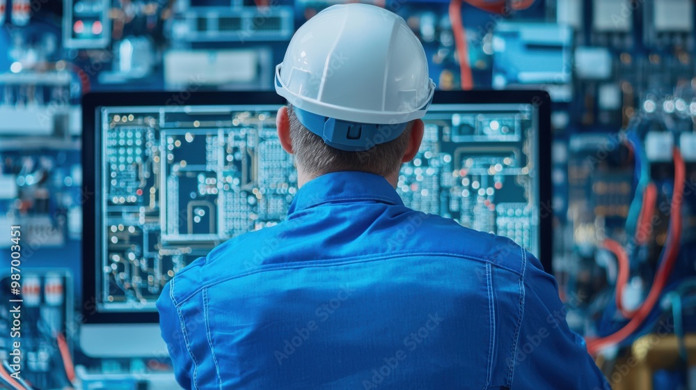 An electrical engineer designing circuitry on a computer with CAD software surrounded by components An electrical engineer designing circuitry on a computer with CAD software surrounded by components