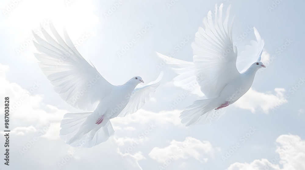 Obraz premium White doves soaring in the sky, representing peace and spirituality.