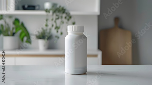 White supplement bottle on a clean kitchen counter.