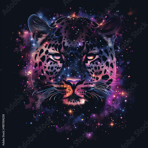 Print leopard Space Opera t-shirt design, cosmic vector art, starry galaxy print, deep space hues with shimmering starlight