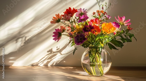 Wallpaper Mural Sunlit Beauty: Vibrant Flower Arrangement in Glass Vase with Reflective Colors and Shadows Torontodigital.ca