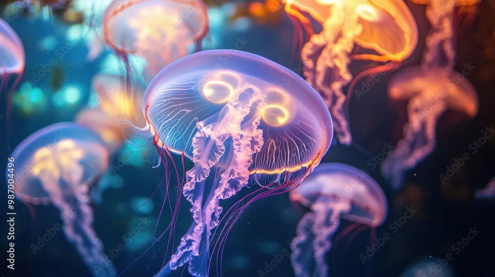 Capture a mesmerizing scene of glowing jellyfish gracefully swimming through a vibrant, liquid light-filled ocean, evoking a sense of magical underwater wonder Capture a mesmerizing scene of glowing jellyfish gracefully swimming through a vibrant, liquid light-filled ocean, evoking a sense of magical underwater wonder