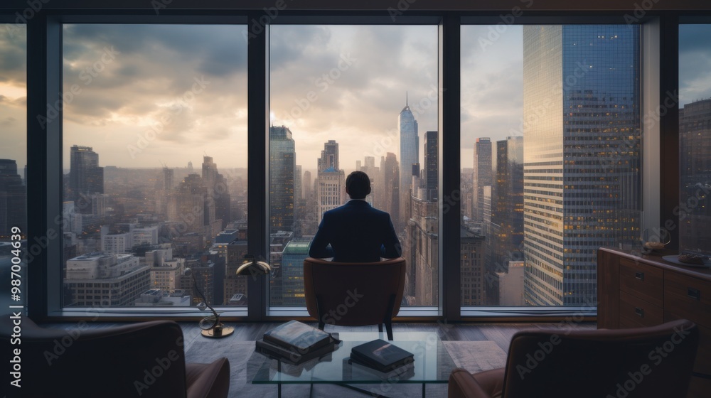 A person sits in a modern room with an expansive view of a city skyline at dusk, evoking a sense of calmness and contemplation. A person sits in a modern room with an expansive view of a city skyline at dusk, evoking a sense of calmness and contemplation.
