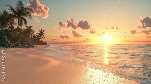 Serene Sunset at Tranquil Beach with Soft Sand Shadows and Beautiful Shoreline