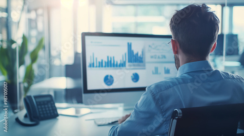 Businessman at desk analyzing revenue charts on digital screen, focused on financial growth and business success, office equipment in background.