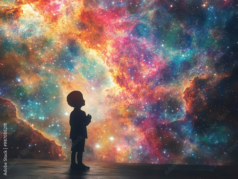 Craft a digital image showing a childs silhouette gazing at a vast, multicolored galaxy-scape, embodying youthful curiosity Craft a digital image showing a childs silhouette gazing at a vast, multicolored galaxy-scape, embodying youthful curiosity