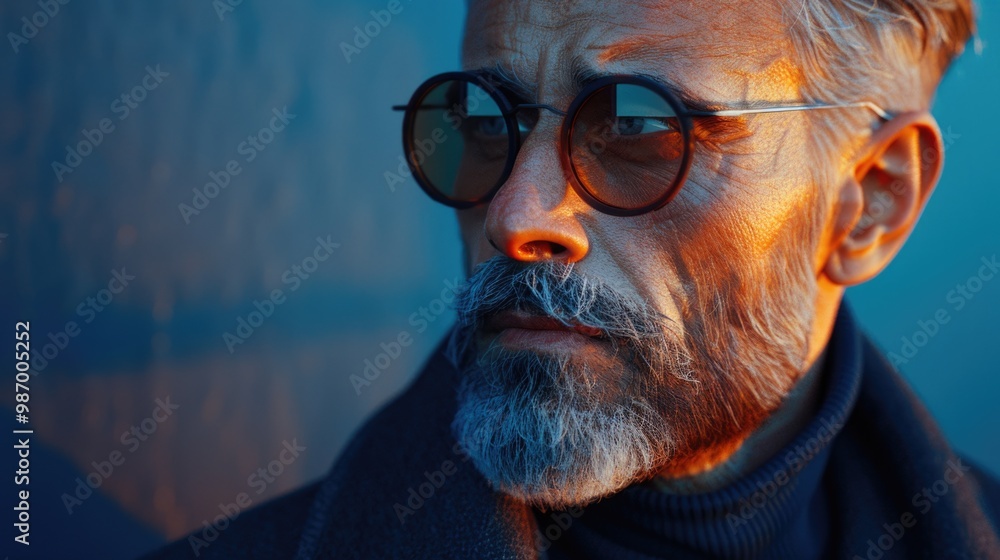 Distinguished Senior Man with Glasses in Moody Lighting Distinguished Senior Man with Glasses in Moody Lighting