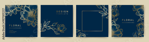 Elegant luxury blue background with hand drawn gold flower pattern. Floral frame. Vector templates for social media post, wedding invitation, greeting card, packaging, branding, design