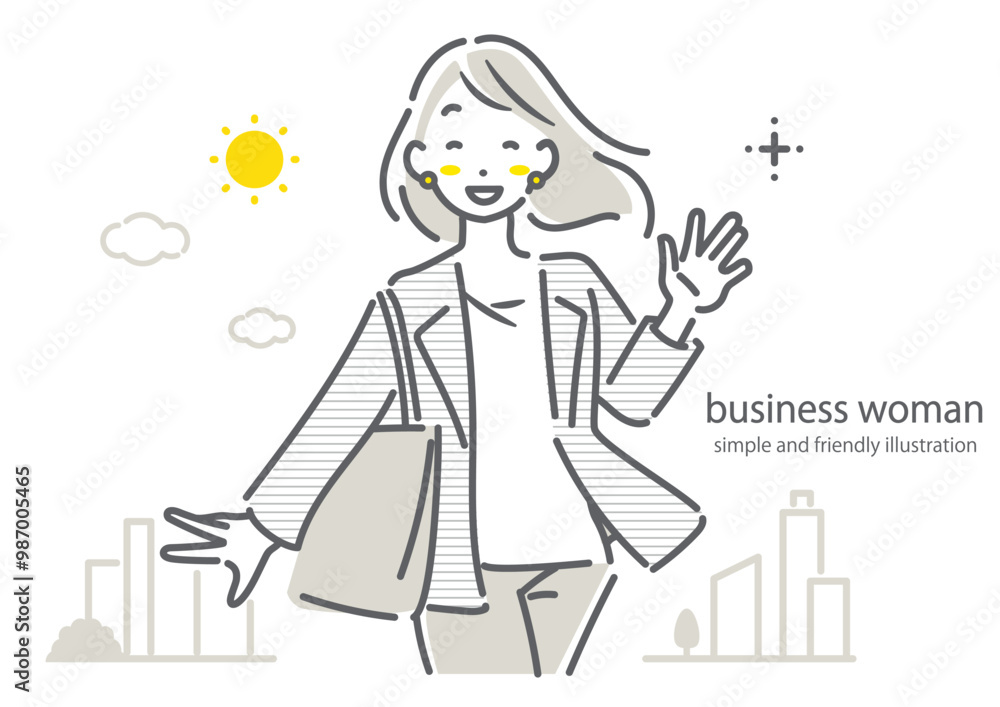 笑顔で出勤する充実しているビジネスウーマン　シンプルでお洒落な線画イラスト　