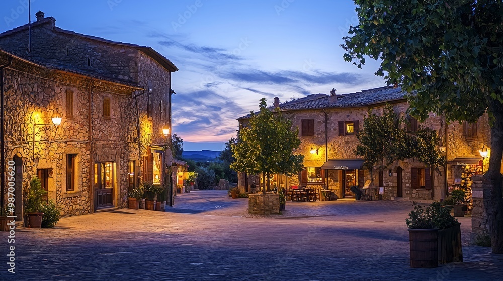 Fototapeta premium Enchanting Village Square at Dusk with Illuminated Shops Casting Warm Shadows