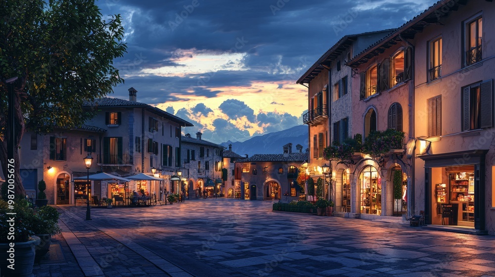 Fototapeta premium Twilight Ambiance in a Quaint Village Square - Charming Night Scene with Shop Lights Casting Soft Shadows