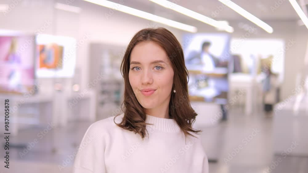 A young woman smiles in a vibrant store filled with stylish products and chic accessories A young woman smiles in a vibrant store filled with stylish products and chic accessories