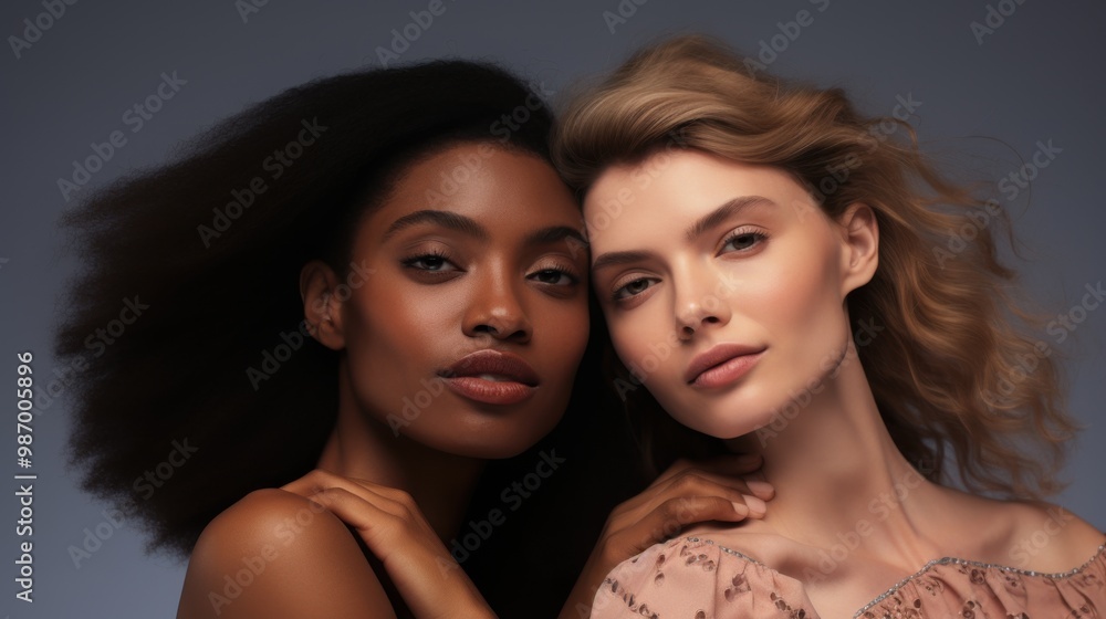 Fototapeta premium Three women with varied skin tones and hair textures pose closely, radiating beauty, diversity, and strength through their sincere expressions.