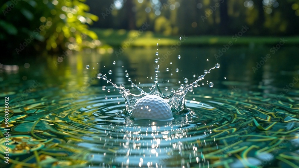 Golf Ball Splash in Tranquil Greenscape, A golf ball cleaving through the water, sending ripples across a serene lake surrounded by lush green trees. Golf Ball Splash in Tranquil Greenscape, A golf ball cleaving through the water, sending ripples across a serene lake surrounded by lush green trees.