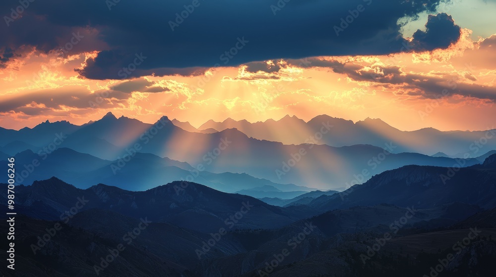 Obraz premium Majestic Sunset: Shadows and Light Dance on Mountain Range Silhouette
