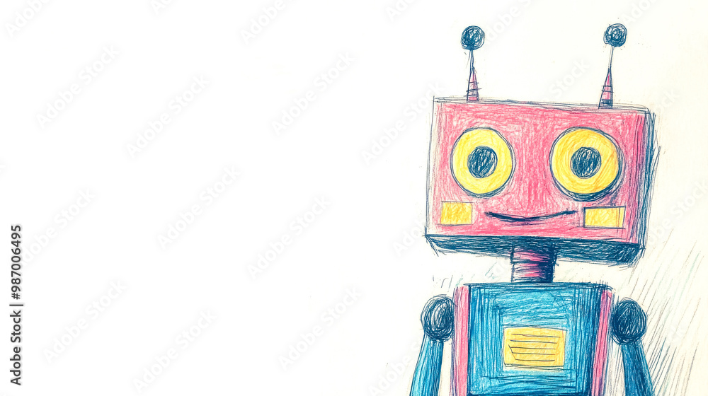Friendly robot smiling and looking at you with big eyes in a child's drawing style Friendly robot smiling and looking at you with big eyes in a child's drawing style