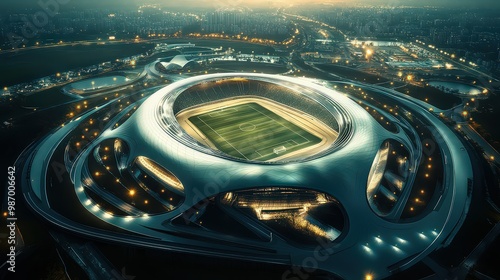  Futuristic sports stadium with sleek architecture and glowing lights, built to host large events. A modern design merges functionality with aesthetic appeal.