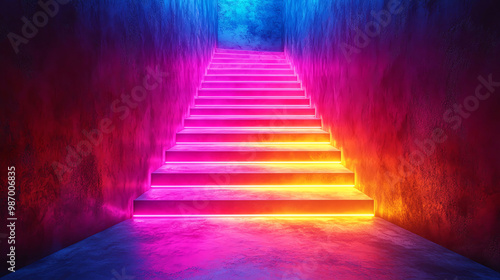 Abstract staircase made of bright neon lines leading upward, representing creative business success, climbing to success, innovation in business