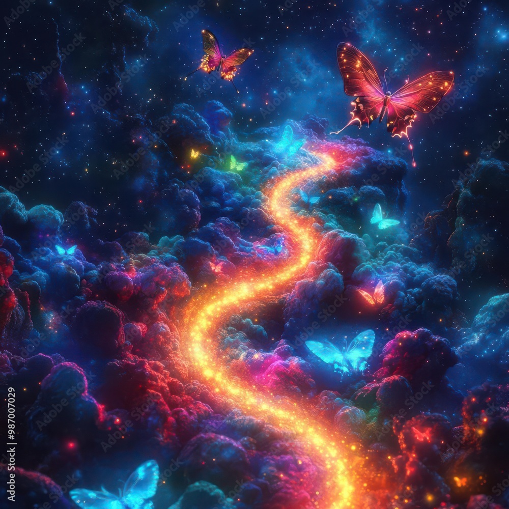 Craft a vivid image featuring a worms-eye view perspective of a glowing butterfly trail amidst a cosmic setting Use bright colors to depict transformation through imagination Craft a vivid image featuring a worms-eye view perspective of a glowing butterfly trail amidst a cosmic setting Use bright colors to depict transformation through imagination