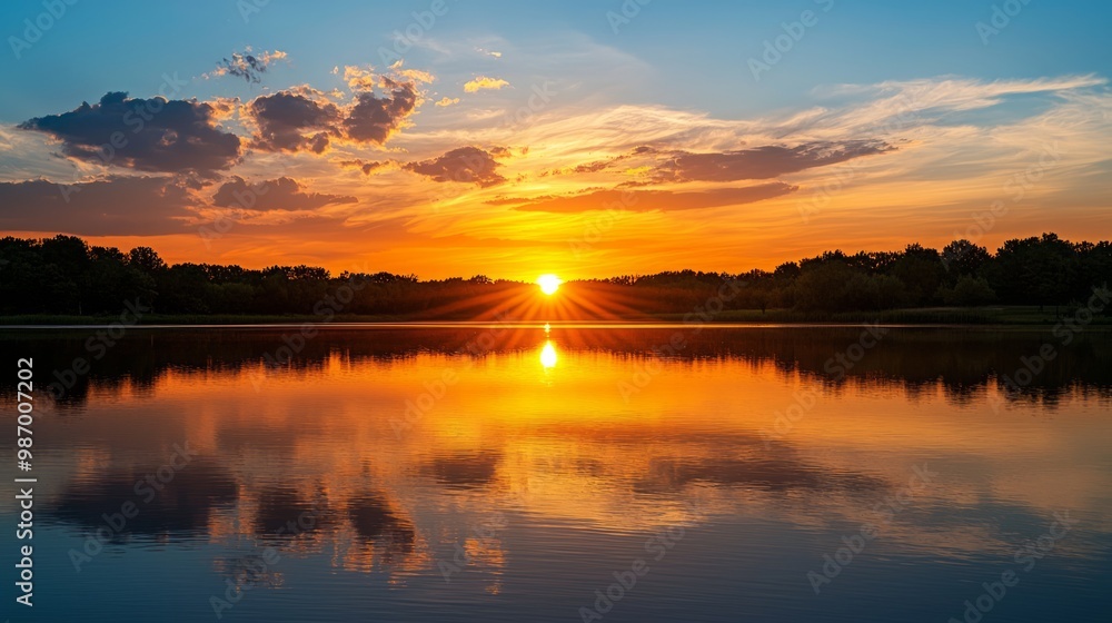 Serene Sunset Reflections: Vibrant Colors of Nature at Peaceful Lake Serene Sunset Reflections: Vibrant Colors of Nature at Peaceful Lake