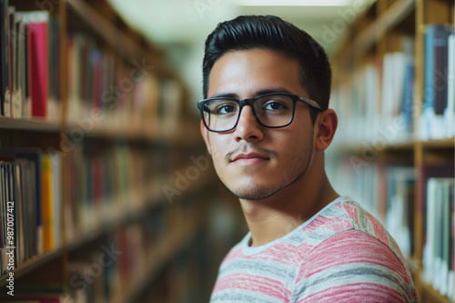  photo of a handsome man in his 30s, tan skin, curly hair, business clothing, in a college library