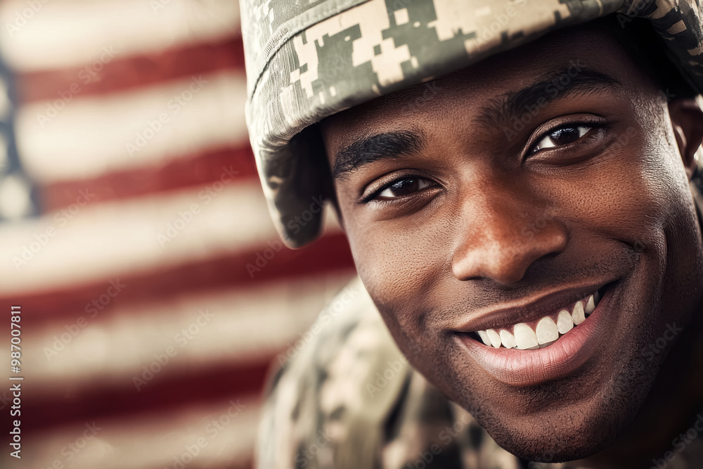 Warm Smile of a Dedicated Soldier. A close-up portrait of a young Black man in military gear, his inviting smile set against the American flag.
Warm Smile of a Dedicated Soldier. A close-up portrait of a young Black man in military gear, his inviting smile set against the American flag.