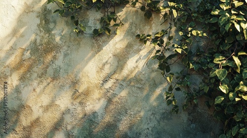 Sunlight Patterns on Textured Wall with Ivy - Close-up of Intricate Light and Shadows for Background Design and Decoration