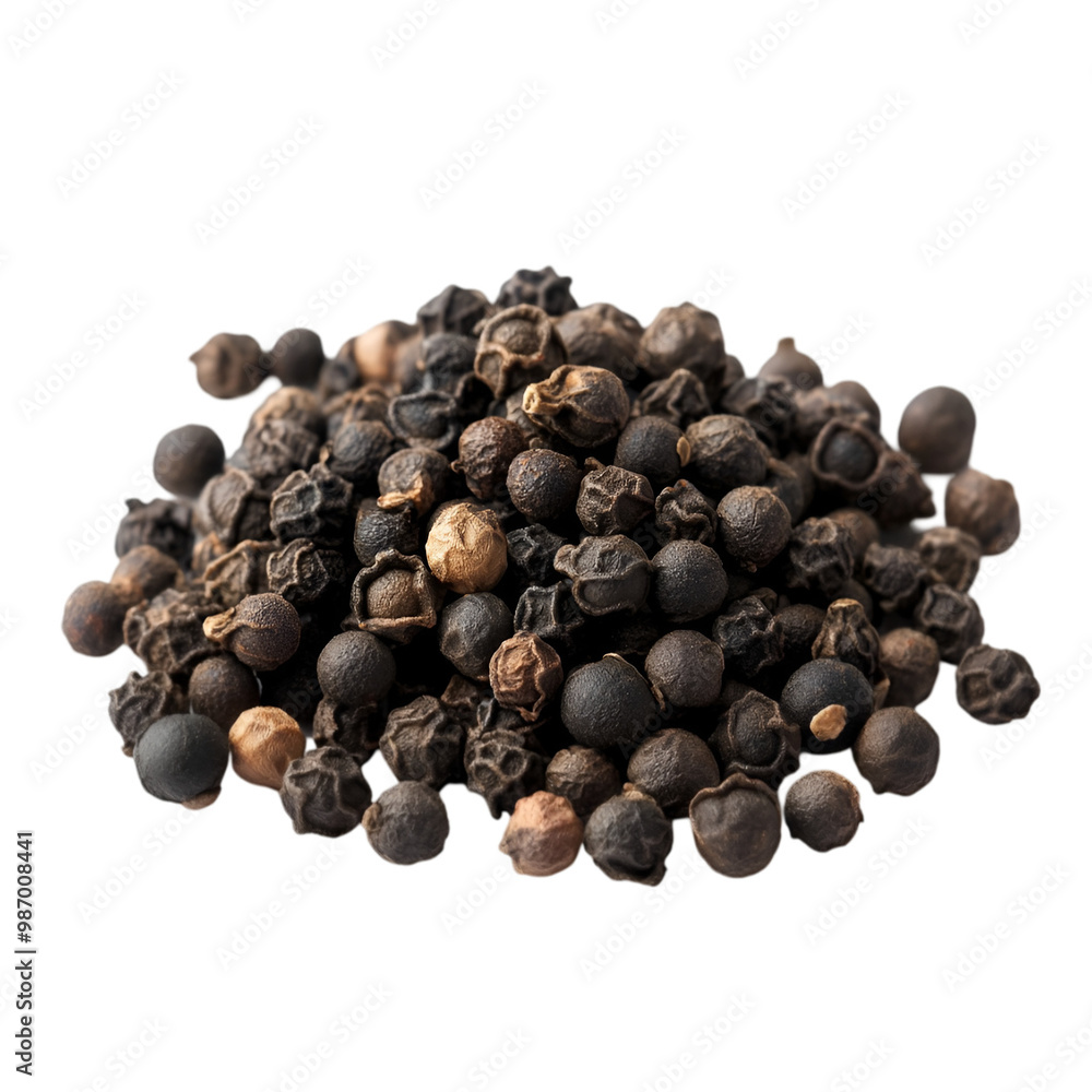 Black Peppercorns Rest In Quiet Repose Against The Purity Of White and transparent background. PNG cutout. Black Peppercorns Rest In Quiet Repose Against The Purity Of White and transparent background. PNG cutout.