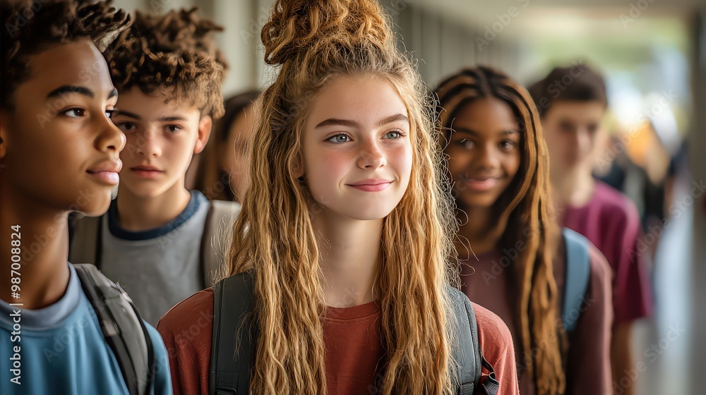 Group of diverse high school students walking through hallways, smiling and enjoying their day. Group of diverse high school students walking through hallways, smiling and enjoying their day.