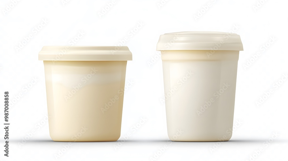Yogurt cup package isolated on a white transparent background, highlighting the product's design and label. Yogurt cup package isolated on a white transparent background, highlighting the product's design and label.