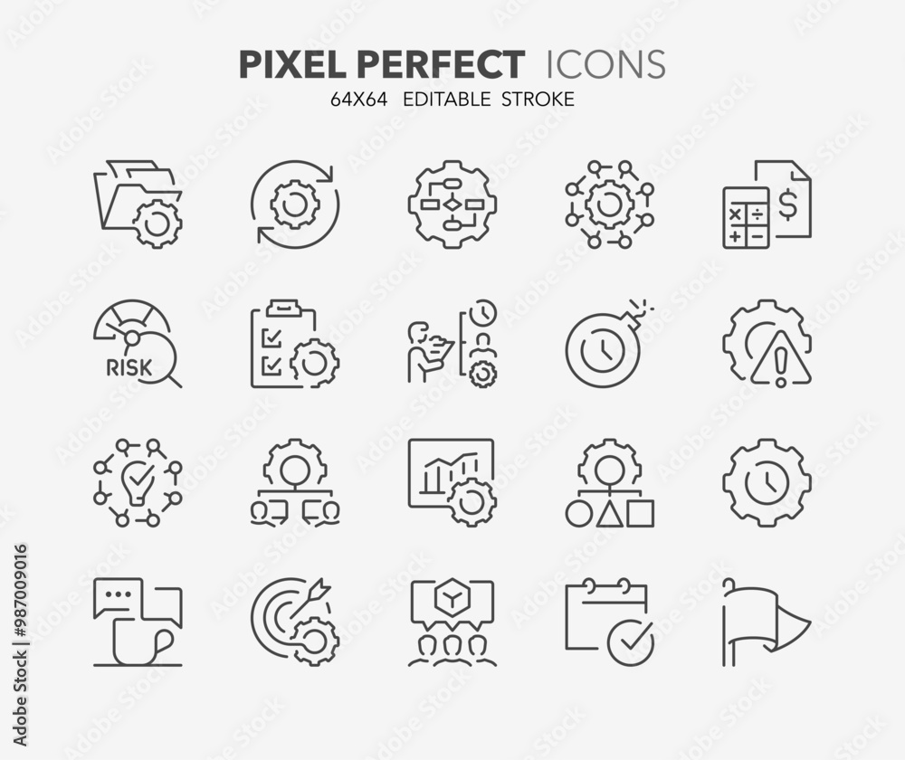 Line icons about project management. Contains such icons as workflow, task, to do list, timeline and deadline. Editable stroke Vector 64x64 pixel perfect Line icons about project management. Contains such icons as workflow, task, to do list, timeline and deadline. Editable stroke Vector 64x64 pixel perfect