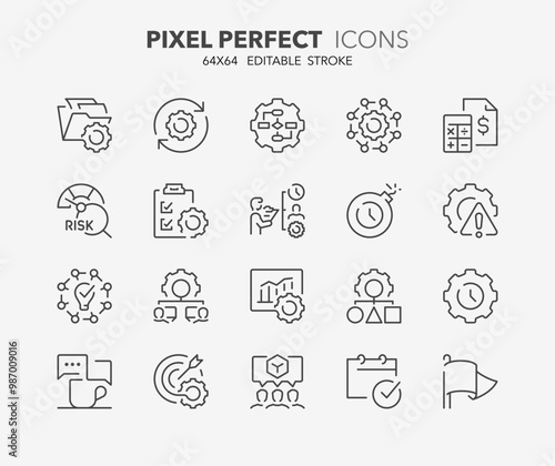 Line icons about project management. Contains such icons as workflow, task, to do list, timeline and deadline. Editable stroke Vector 64x64 pixel perfect