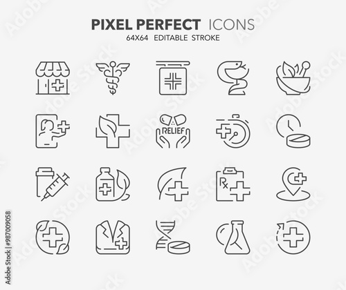 Line icons about pharmacy and medication. Contains such icons as treatments, naturophaty, dose and more. Editable vector stroke 2 of 2 sets. 64x64 pixel perfect photo