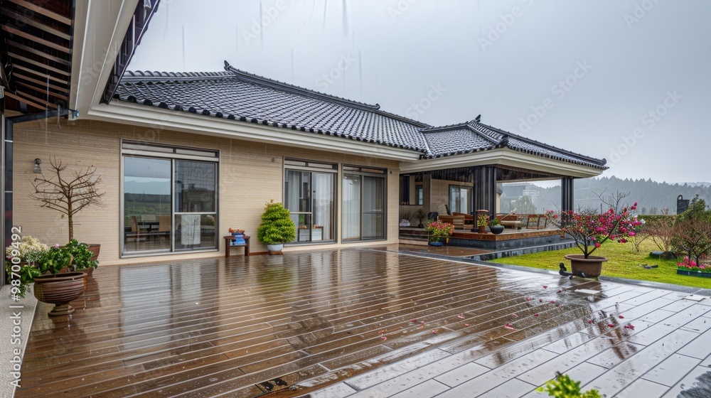 Rainy Day at a Traditional Asian House with Wet Patio Rainy Day at a Traditional Asian House with Wet Patio