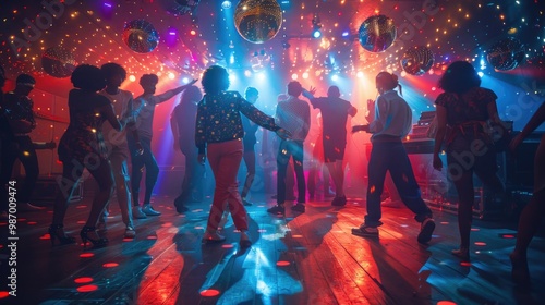 Obraz na płótnie Retro Dance Party Atmosphere with Colorful Disco Lights w salonie