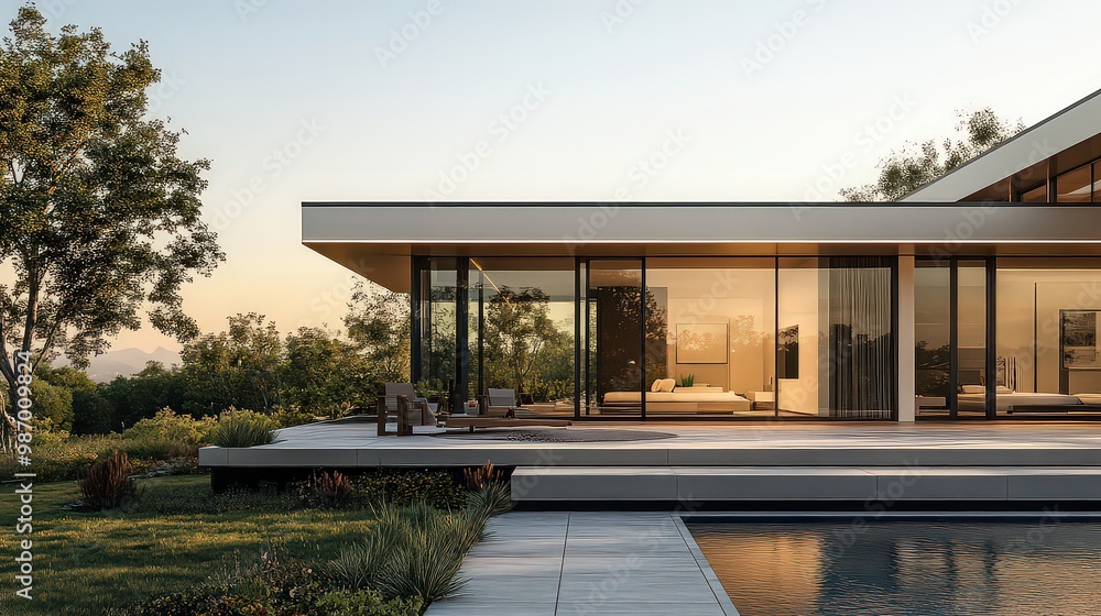 Fototapeta premium Modern minimalist house with glass walls and sleek lines, blending with the surrounding natural landscape for a serene and contemporary living experience.