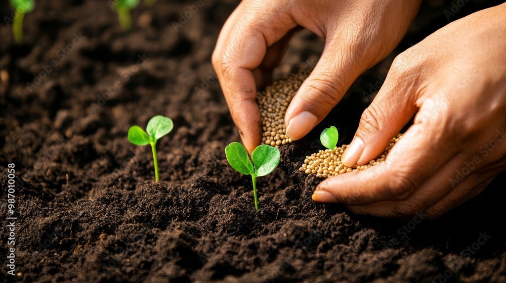 Hands planting seeds in fertile soil, showcasing organic farming techniques Hands planting seeds in fertile soil, showcasing organic farming techniques