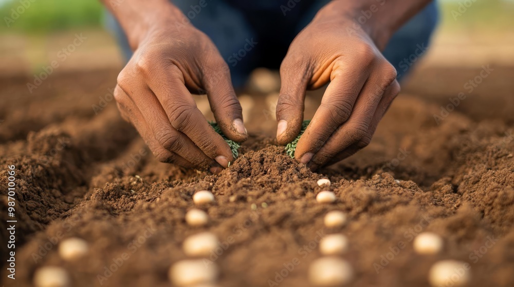 Hands planting seeds in freshly tilled soil, promoting sustainable agriculture Hands planting seeds in freshly tilled soil, promoting sustainable agriculture