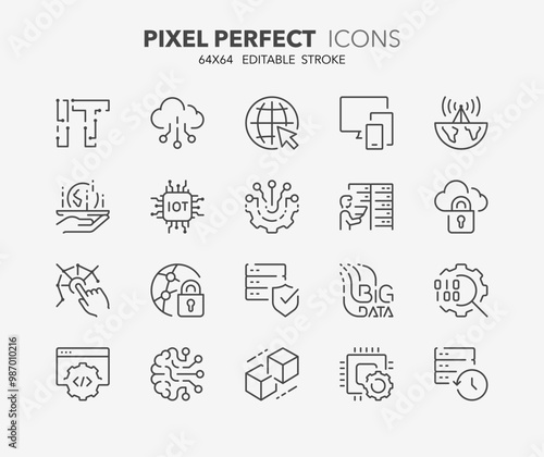 Line icons about information technoligies. Contains such icons as cloud computing, internet, digital transformation and more. Editable vector stroke. 64x64 pixel perfect