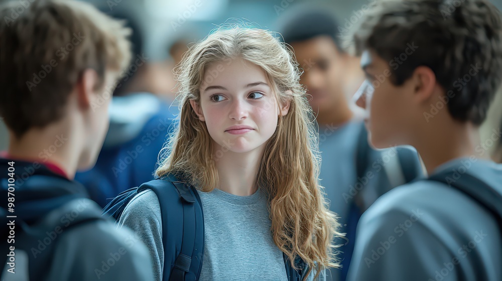 Teenage girl in school setting, standing with friends, wearing a backpack. Her expression reflects thoughtfulness and connection in a typical school environment. Teenage girl in school setting, standing with friends, wearing a backpack. Her expression reflects thoughtfulness and connection in a typical school environment.