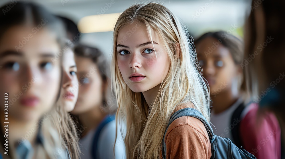 blonde girl with a backpack stands among her peers, looking ahead with a thoughtful, serious expression. The moment captures school life and introspection. blonde girl with a backpack stands among her peers, looking ahead with a thoughtful, serious expression. The moment captures school life and introspection.