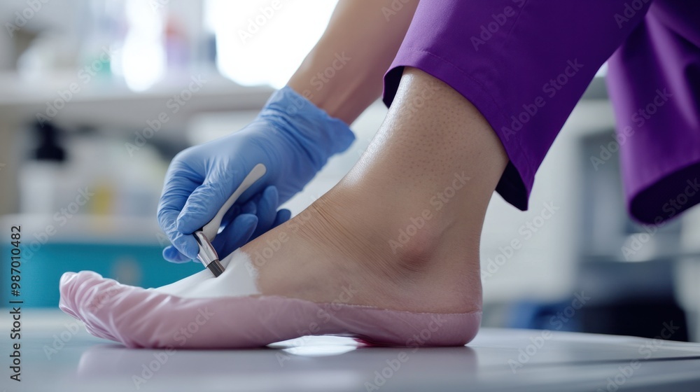 A podiatrist using a file to smooth a patient heel during a professional foot care session in a clean, sterile clinic. A podiatrist using a file to smooth a patient heel during a professional foot care session in a clean, sterile clinic.