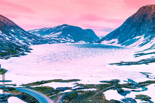 Aerial view of the melted glacier mountain lake Djupvatnet. Beautiful nature of Norway. Horizontal banner photo